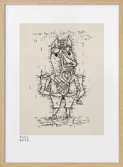 A framed art print of a Paul Klee drawing. The artwork features a stylized, abstract figure composed of short, spiky black ink lines on a light cream background, giving it a prickly texture. The figure stands against a sparse background with simple lines. The print is in a black frame, and the text 'PAUL KLEE.' is visible in the lower-left corner. Decor