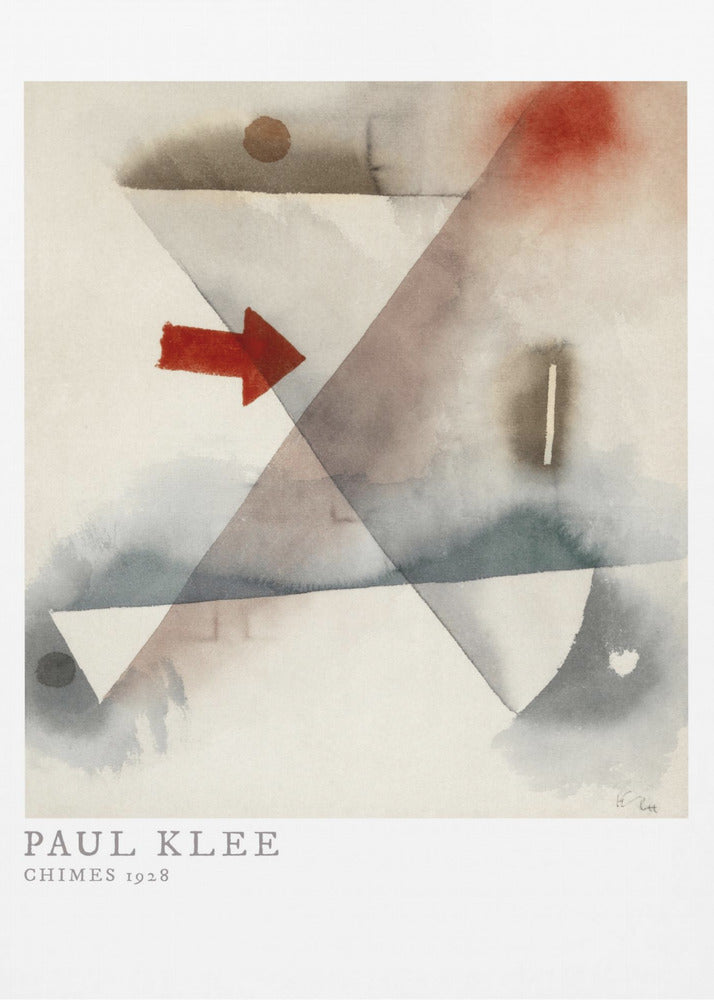 A framed print of Paul Klee's abstract painting 'Chimes 1928'. The artwork features overlapping geometric shapes in muted watercolor tones of gray and brown, with a prominent solid red arrow pointing to the right. Poster