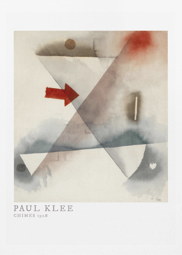 A framed print of Paul Klee's abstract painting 'Chimes 1928'. The artwork features overlapping geometric shapes in muted watercolor tones of gray and brown, with a prominent solid red arrow pointing to the right. Poster