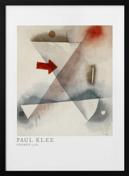 A framed print of Paul Klee's abstract painting 'Chimes 1928'. The artwork features overlapping geometric shapes in muted watercolor tones of gray and brown, with a prominent solid red arrow pointing to the right. Poster