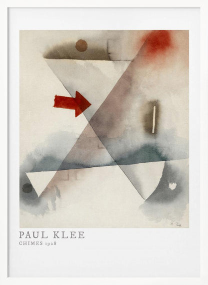 A framed print of Paul Klee's abstract painting 'Chimes 1928'. The artwork features overlapping geometric shapes in muted watercolor tones of gray and brown, with a prominent solid red arrow pointing to the right. Poster