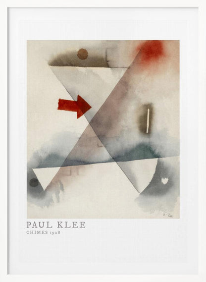 A framed print of Paul Klee's abstract painting 'Chimes 1928'. The artwork features overlapping geometric shapes in muted watercolor tones of gray and brown, with a prominent solid red arrow pointing to the right. Poster
