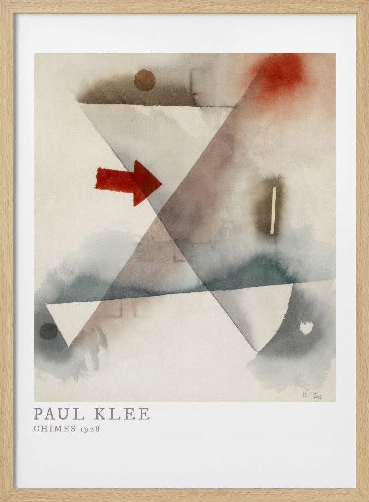A framed print of Paul Klee's abstract painting 'Chimes 1928'. The artwork features overlapping geometric shapes in muted watercolor tones of gray and brown, with a prominent solid red arrow pointing to the right. Poster