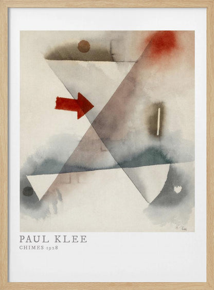 A framed print of Paul Klee's abstract painting 'Chimes 1928'. The artwork features overlapping geometric shapes in muted watercolor tones of gray and brown, with a prominent solid red arrow pointing to the right. Poster