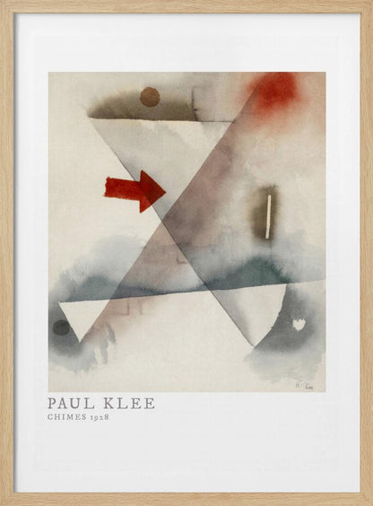 A framed print of Paul Klee's abstract painting 'Chimes 1928'. The artwork features overlapping geometric shapes in muted watercolor tones of gray and brown, with a prominent solid red arrow pointing to the right. Poster