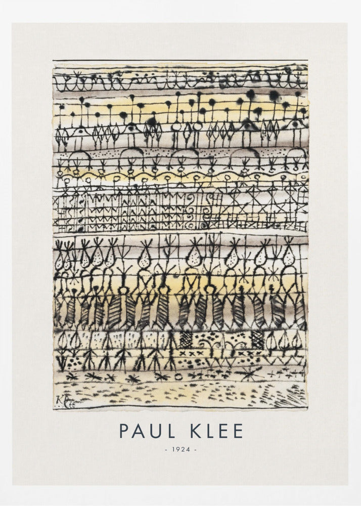 A framed art print of Paul Klee's 1924 abstract work, featuring horizontal rows of intricate, hieroglyphic-like black ink symbols and figures on a textured cream and pale yellow background. The artist's name and the year are printed below the artwork. Print