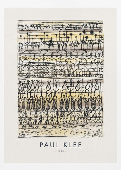 A framed art print of Paul Klee's 1924 abstract work, featuring horizontal rows of intricate, hieroglyphic-like black ink symbols and figures on a textured cream and pale yellow background. The artist's name and the year are printed below the artwork. Print