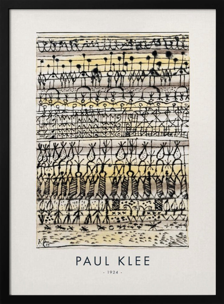 A framed art print of Paul Klee's 1924 abstract work, featuring horizontal rows of intricate, hieroglyphic-like black ink symbols and figures on a textured cream and pale yellow background. The artist's name and the year are printed below the artwork. Print