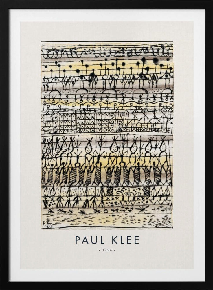 A framed art print of Paul Klee's 1924 abstract work, featuring horizontal rows of intricate, hieroglyphic-like black ink symbols and figures on a textured cream and pale yellow background. The artist's name and the year are printed below the artwork. Print