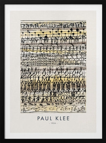 A framed art print of Paul Klee's 1924 abstract work, featuring horizontal rows of intricate, hieroglyphic-like black ink symbols and figures on a textured cream and pale yellow background. The artist's name and the year are printed below the artwork. Print