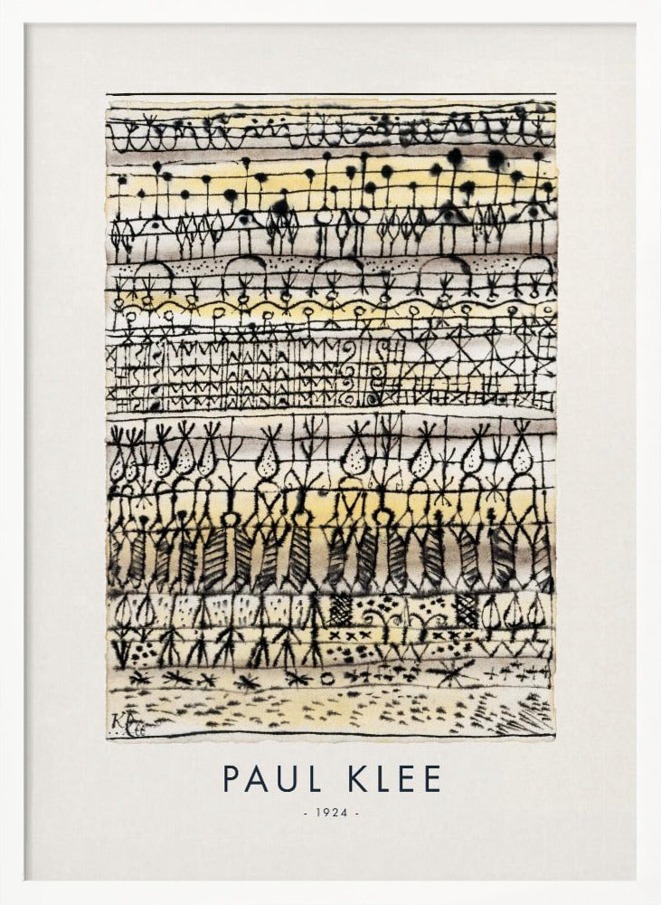 A framed art print of Paul Klee's 1924 abstract work, featuring horizontal rows of intricate, hieroglyphic-like black ink symbols and figures on a textured cream and pale yellow background. The artist's name and the year are printed below the artwork. Print