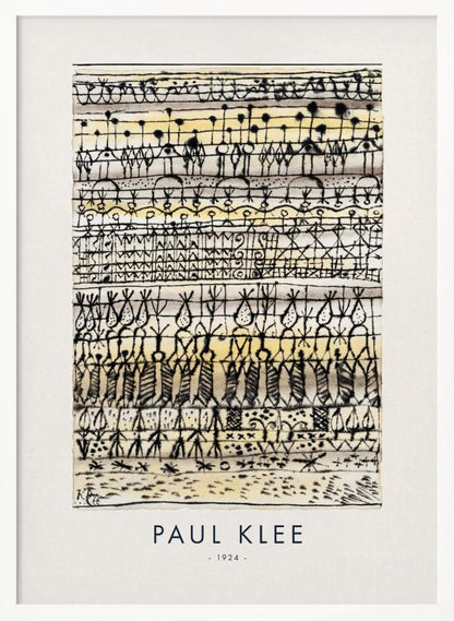 A framed art print of Paul Klee's 1924 abstract work, featuring horizontal rows of intricate, hieroglyphic-like black ink symbols and figures on a textured cream and pale yellow background. The artist's name and the year are printed below the artwork. Print
