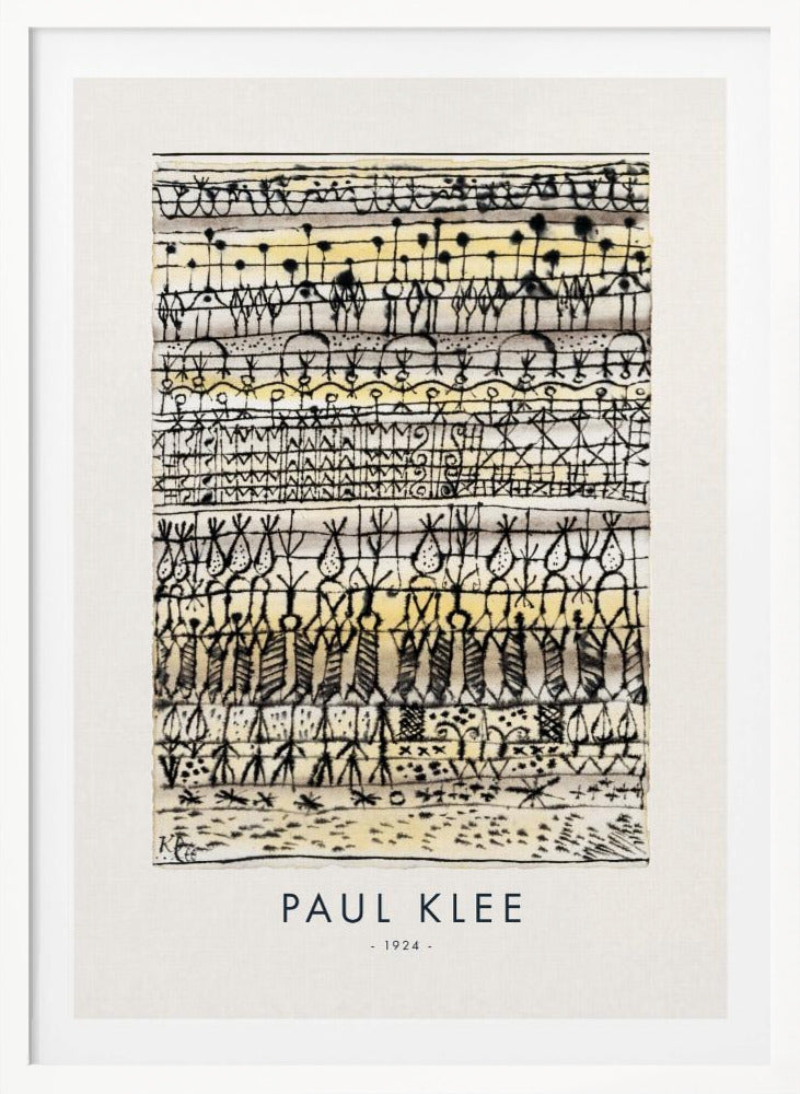 A framed art print of Paul Klee's 1924 abstract work, featuring horizontal rows of intricate, hieroglyphic-like black ink symbols and figures on a textured cream and pale yellow background. The artist's name and the year are printed below the artwork. Print