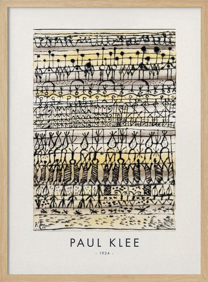 A framed art print of Paul Klee's 1924 abstract work, featuring horizontal rows of intricate, hieroglyphic-like black ink symbols and figures on a textured cream and pale yellow background. The artist's name and the year are printed below the artwork. Print