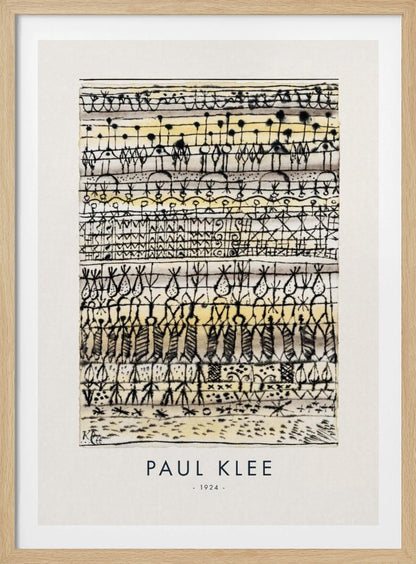 A framed art print of Paul Klee's 1924 abstract work, featuring horizontal rows of intricate, hieroglyphic-like black ink symbols and figures on a textured cream and pale yellow background. The artist's name and the year are printed below the artwork. Print