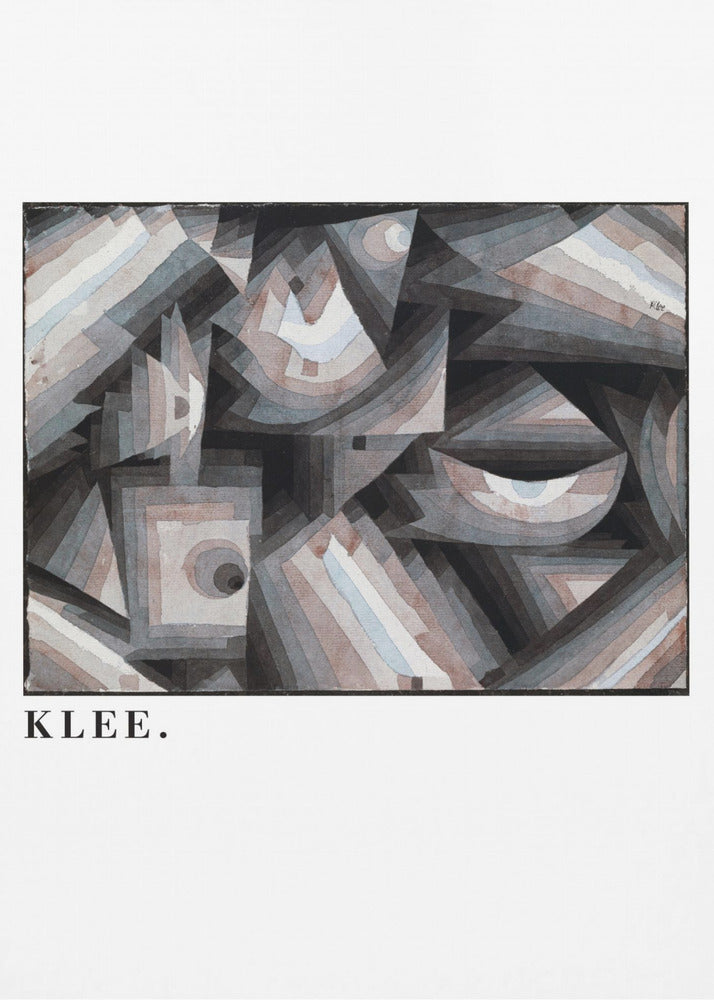 A framed art print of a Paul Klee abstract painting. The artwork is a complex composition of geometric shapes, including triangles, squares, and arcs, in a muted palette of grays, browns, and light blues. The name 'KLEE.' is printed in a black serif font on the white mat below the image. Decor