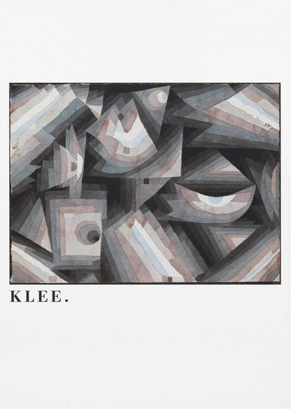 A framed art print of a Paul Klee abstract painting. The artwork is a complex composition of geometric shapes, including triangles, squares, and arcs, in a muted palette of grays, browns, and light blues. The name 'KLEE.' is printed in a black serif font on the white mat below the image. Decor