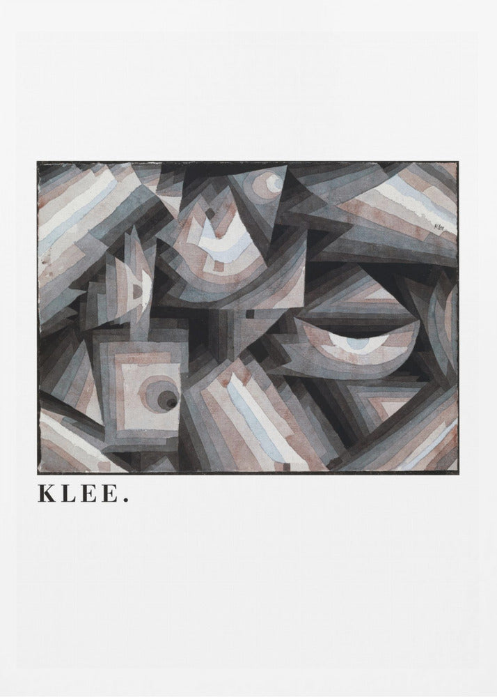 A framed art print of a Paul Klee abstract painting. The artwork is a complex composition of geometric shapes, including triangles, squares, and arcs, in a muted palette of grays, browns, and light blues. The name 'KLEE.' is printed in a black serif font on the white mat below the image. Decor