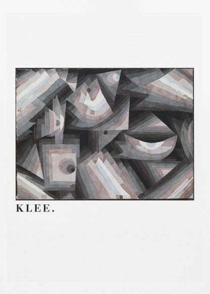A framed art print of a Paul Klee abstract painting. The artwork is a complex composition of geometric shapes, including triangles, squares, and arcs, in a muted palette of grays, browns, and light blues. The name 'KLEE.' is printed in a black serif font on the white mat below the image. Decor