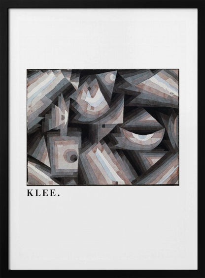 A framed art print of a Paul Klee abstract painting. The artwork is a complex composition of geometric shapes, including triangles, squares, and arcs, in a muted palette of grays, browns, and light blues. The name 'KLEE.' is printed in a black serif font on the white mat below the image. Decor