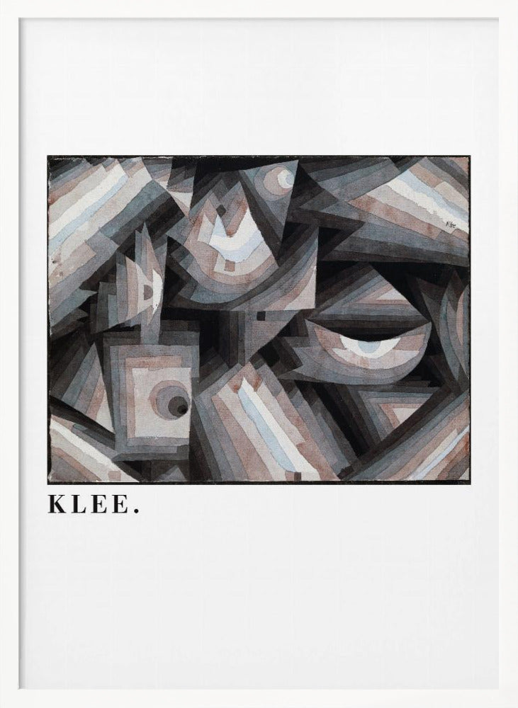A framed art print of a Paul Klee abstract painting. The artwork is a complex composition of geometric shapes, including triangles, squares, and arcs, in a muted palette of grays, browns, and light blues. The name 'KLEE.' is printed in a black serif font on the white mat below the image. Decor