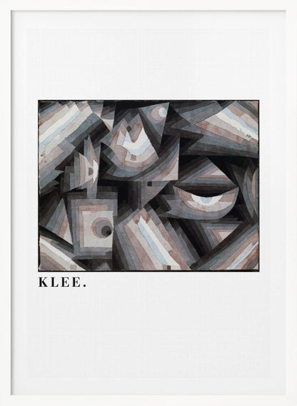 A framed art print of a Paul Klee abstract painting. The artwork is a complex composition of geometric shapes, including triangles, squares, and arcs, in a muted palette of grays, browns, and light blues. The name 'KLEE.' is printed in a black serif font on the white mat below the image. Decor