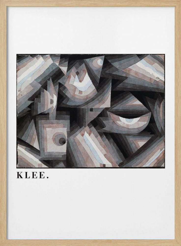 A framed art print of a Paul Klee abstract painting. The artwork is a complex composition of geometric shapes, including triangles, squares, and arcs, in a muted palette of grays, browns, and light blues. The name 'KLEE.' is printed in a black serif font on the white mat below the image. Decor