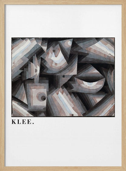 A framed art print of a Paul Klee abstract painting. The artwork is a complex composition of geometric shapes, including triangles, squares, and arcs, in a muted palette of grays, browns, and light blues. The name 'KLEE.' is printed in a black serif font on the white mat below the image. Decor