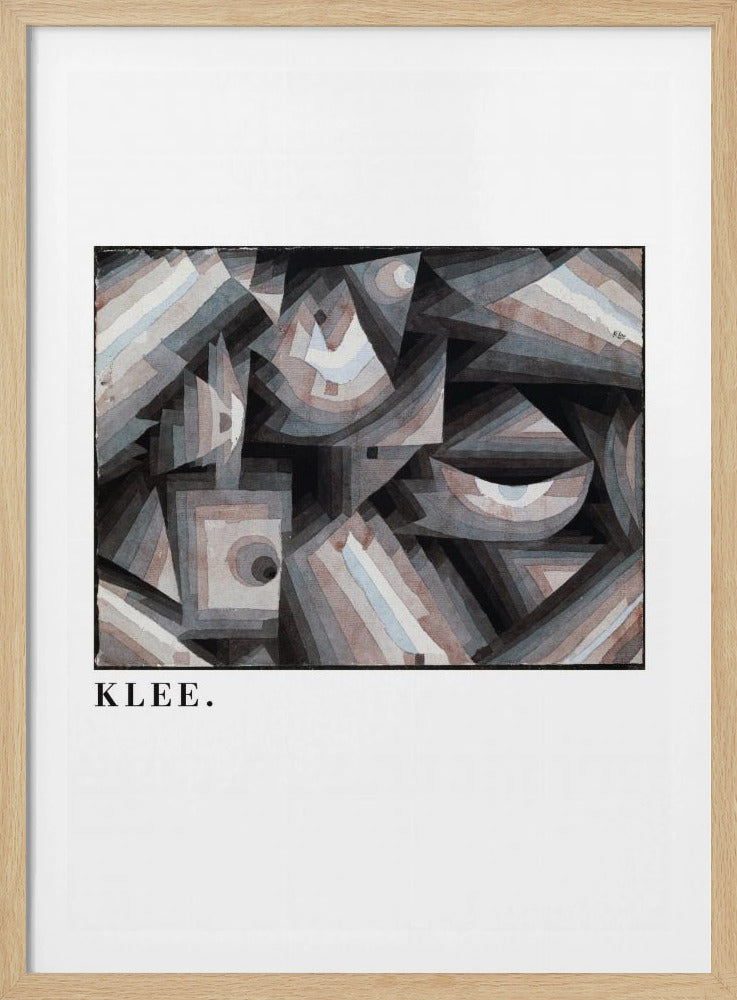 A framed art print of a Paul Klee abstract painting. The artwork is a complex composition of geometric shapes, including triangles, squares, and arcs, in a muted palette of grays, browns, and light blues. The name 'KLEE.' is printed in a black serif font on the white mat below the image. Decor