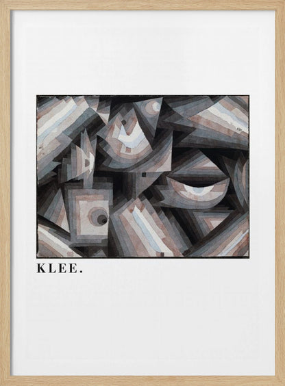 A framed art print of a Paul Klee abstract painting. The artwork is a complex composition of geometric shapes, including triangles, squares, and arcs, in a muted palette of grays, browns, and light blues. The name 'KLEE.' is printed in a black serif font on the white mat below the image. Decor