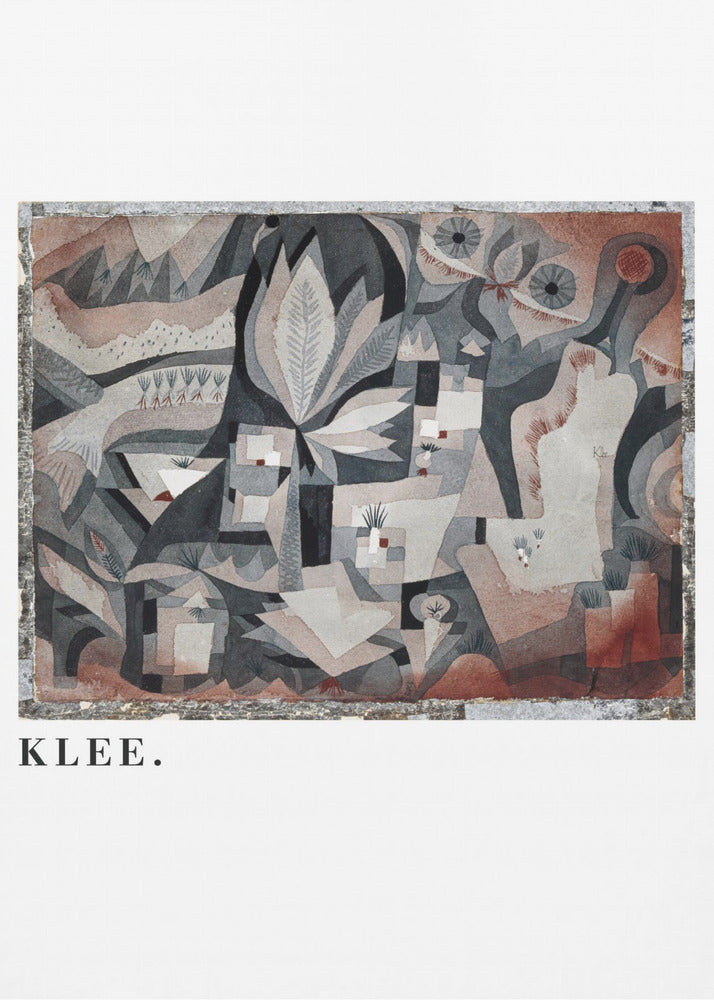 A framed art print of an abstract painting by Paul Klee. The complex composition features geometric and biomorphic shapes in a muted palette of gray, brown, and terracotta. Below the artwork, on a white mat, the name 'KLEE.' is printed in a black serif font. Decor