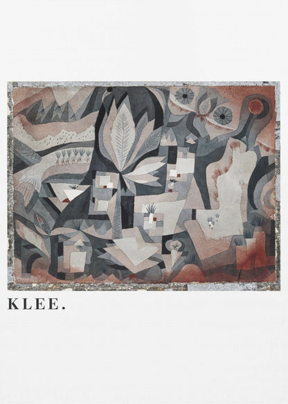 A framed art print of an abstract painting by Paul Klee. The complex composition features geometric and biomorphic shapes in a muted palette of gray, brown, and terracotta. Below the artwork, on a white mat, the name 'KLEE.' is printed in a black serif font. Decor