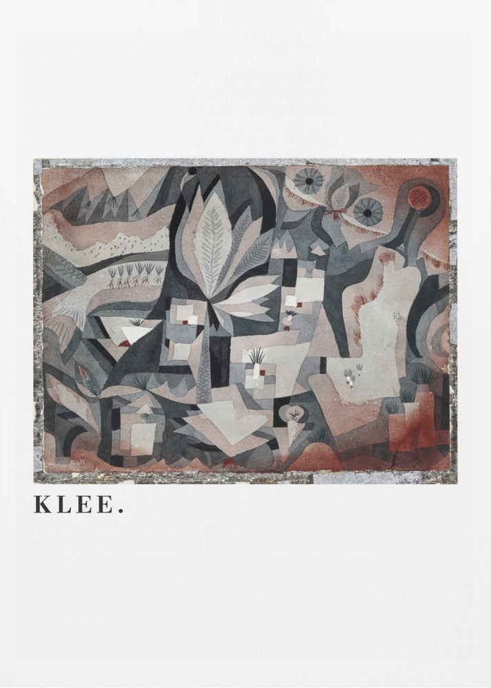 A framed art print of an abstract painting by Paul Klee. The complex composition features geometric and biomorphic shapes in a muted palette of gray, brown, and terracotta. Below the artwork, on a white mat, the name 'KLEE.' is printed in a black serif font. Decor