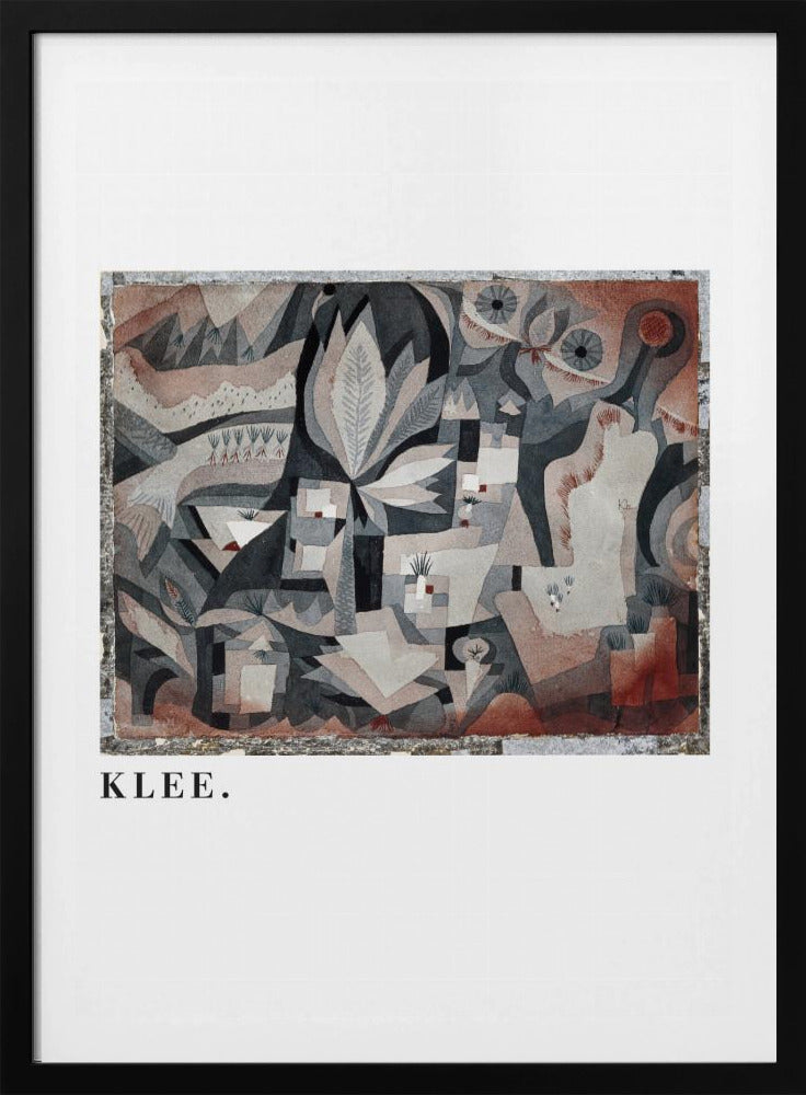 A framed art print of an abstract painting by Paul Klee. The complex composition features geometric and biomorphic shapes in a muted palette of gray, brown, and terracotta. Below the artwork, on a white mat, the name 'KLEE.' is printed in a black serif font. Decor