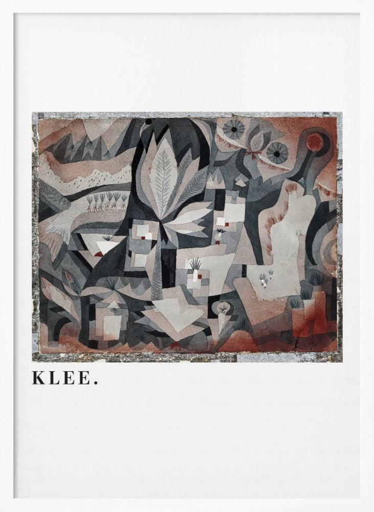 A framed art print of an abstract painting by Paul Klee. The complex composition features geometric and biomorphic shapes in a muted palette of gray, brown, and terracotta. Below the artwork, on a white mat, the name 'KLEE.' is printed in a black serif font. Decor