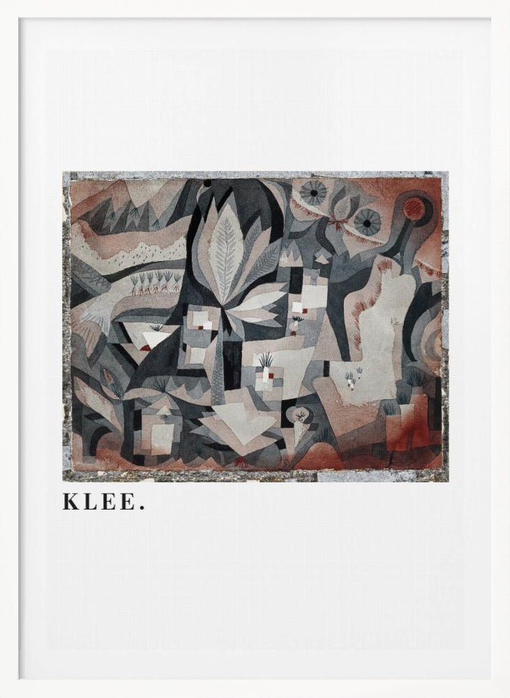 A framed art print of an abstract painting by Paul Klee. The complex composition features geometric and biomorphic shapes in a muted palette of gray, brown, and terracotta. Below the artwork, on a white mat, the name 'KLEE.' is printed in a black serif font. Decor