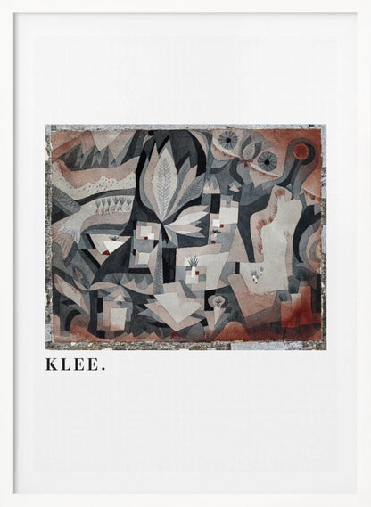 A framed art print of an abstract painting by Paul Klee. The complex composition features geometric and biomorphic shapes in a muted palette of gray, brown, and terracotta. Below the artwork, on a white mat, the name 'KLEE.' is printed in a black serif font. Decor
