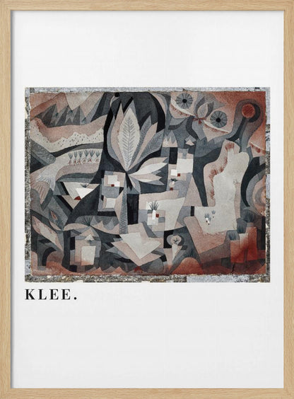 A framed art print of an abstract painting by Paul Klee. The complex composition features geometric and biomorphic shapes in a muted palette of gray, brown, and terracotta. Below the artwork, on a white mat, the name 'KLEE.' is printed in a black serif font. Decor