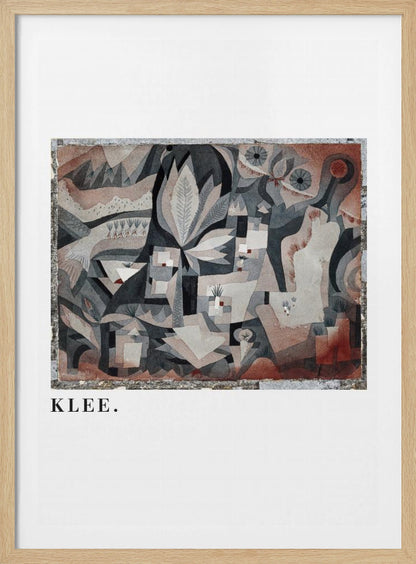 A framed art print of an abstract painting by Paul Klee. The complex composition features geometric and biomorphic shapes in a muted palette of gray, brown, and terracotta. Below the artwork, on a white mat, the name 'KLEE.' is printed in a black serif font. Decor
