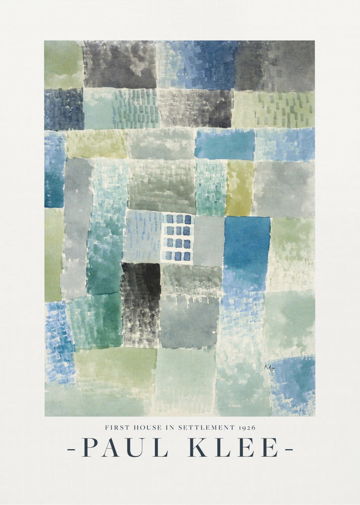 A framed art print of Paul Klee's 1926 painting 'First House in Settlement.' The artwork is an abstract composition of rectangular watercolor blocks in muted shades of blue, green, and grey, arranged in a grid pattern. The title and artist's name are printed below the image. Decor