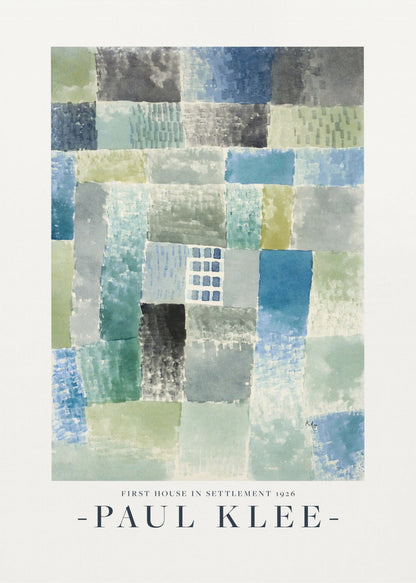 A framed art print of Paul Klee's 1926 painting 'First House in Settlement.' The artwork is an abstract composition of rectangular watercolor blocks in muted shades of blue, green, and grey, arranged in a grid pattern. The title and artist's name are printed below the image. Decor