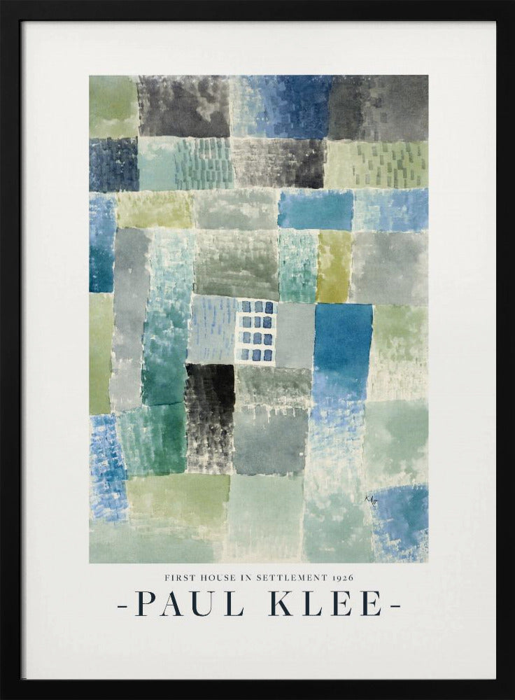 A framed art print of Paul Klee's 1926 painting 'First House in Settlement.' The artwork is an abstract composition of rectangular watercolor blocks in muted shades of blue, green, and grey, arranged in a grid pattern. The title and artist's name are printed below the image. Decor