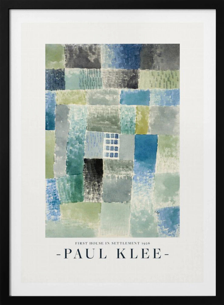 A framed art print of Paul Klee's 1926 painting 'First House in Settlement.' The artwork is an abstract composition of rectangular watercolor blocks in muted shades of blue, green, and grey, arranged in a grid pattern. The title and artist's name are printed below the image. Decor