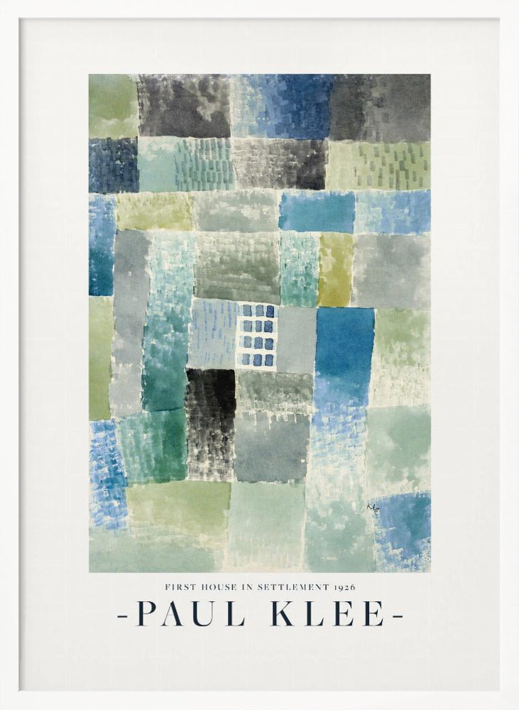 A framed art print of Paul Klee's 1926 painting 'First House in Settlement.' The artwork is an abstract composition of rectangular watercolor blocks in muted shades of blue, green, and grey, arranged in a grid pattern. The title and artist's name are printed below the image. Decor