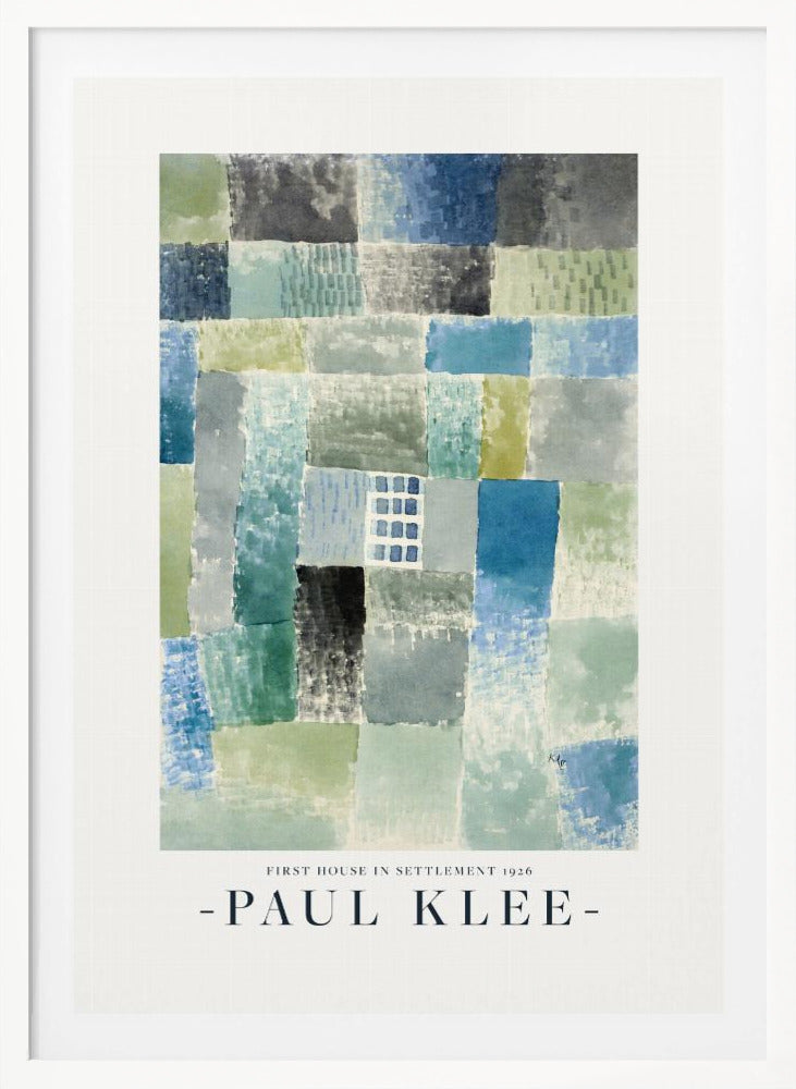 A framed art print of Paul Klee's 1926 painting 'First House in Settlement.' The artwork is an abstract composition of rectangular watercolor blocks in muted shades of blue, green, and grey, arranged in a grid pattern. The title and artist's name are printed below the image. Decor