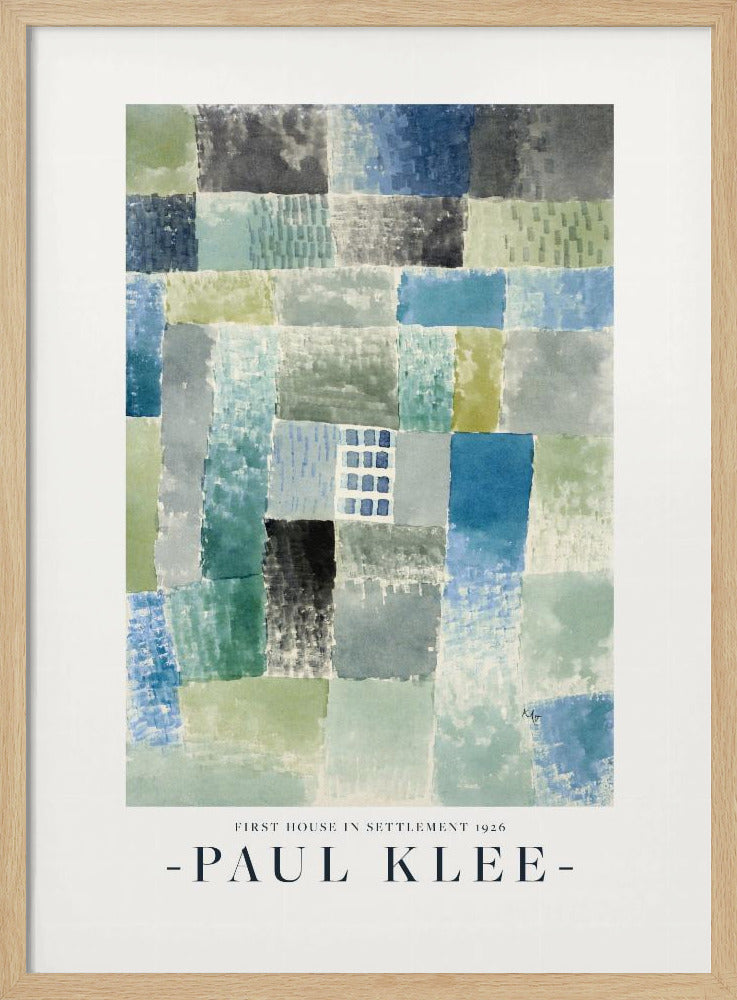 A framed art print of Paul Klee's 1926 painting 'First House in Settlement.' The artwork is an abstract composition of rectangular watercolor blocks in muted shades of blue, green, and grey, arranged in a grid pattern. The title and artist's name are printed below the image. Decor
