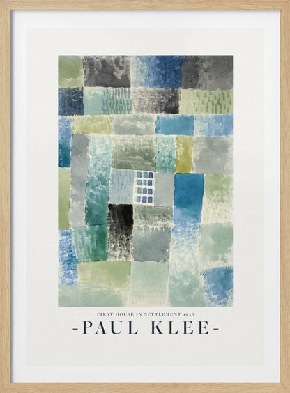 A framed art print of Paul Klee's 1926 painting 'First House in Settlement.' The artwork is an abstract composition of rectangular watercolor blocks in muted shades of blue, green, and grey, arranged in a grid pattern. The title and artist's name are printed below the image. Decor
