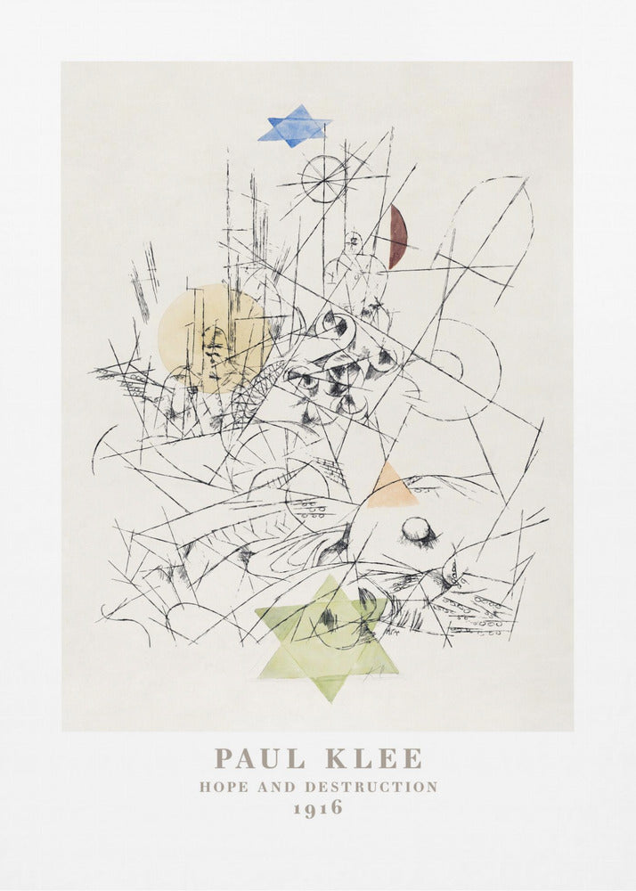 A framed art print of Paul Klee's 1916 work, 'Hope and Destruction.' The artwork is a complex abstract composition with a tangle of black lines on a cream background, featuring colored geometric shapes like a blue and a green Star of David, and circles in yellow and red. Poster