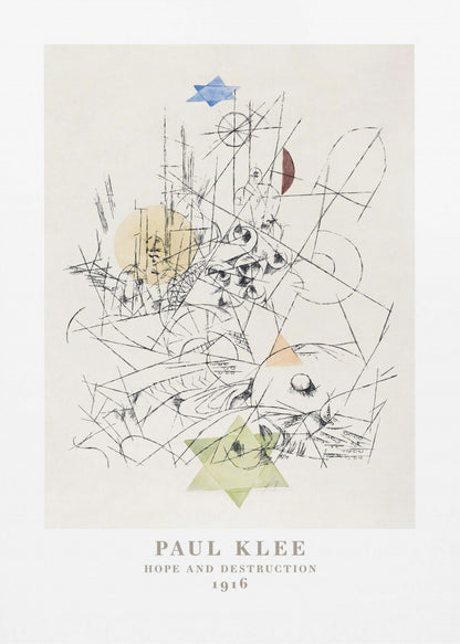 A framed art print of Paul Klee's 1916 work, 'Hope and Destruction.' The artwork is a complex abstract composition with a tangle of black lines on a cream background, featuring colored geometric shapes like a blue and a green Star of David, and circles in yellow and red. Poster