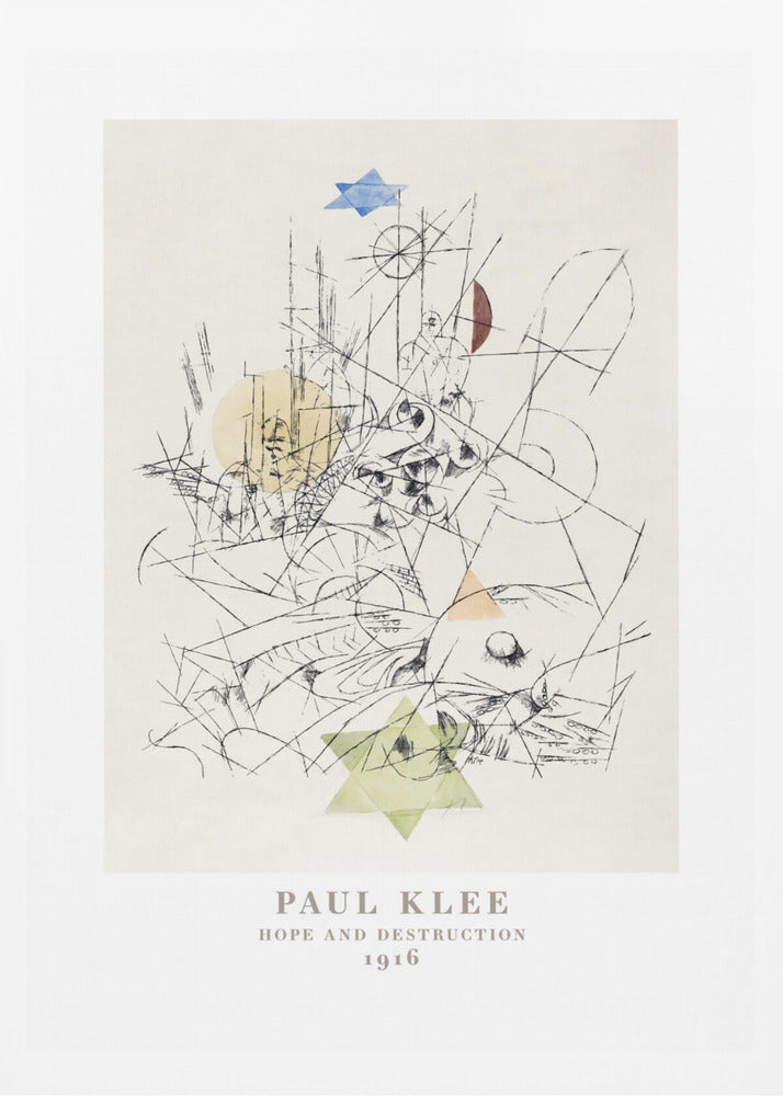 A framed art print of Paul Klee's 1916 work, 'Hope and Destruction.' The artwork is a complex abstract composition with a tangle of black lines on a cream background, featuring colored geometric shapes like a blue and a green Star of David, and circles in yellow and red. Poster